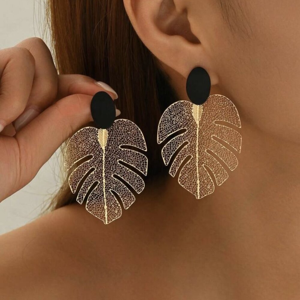 Leaf Hollow For Daily wear Gold and Black earrings for women